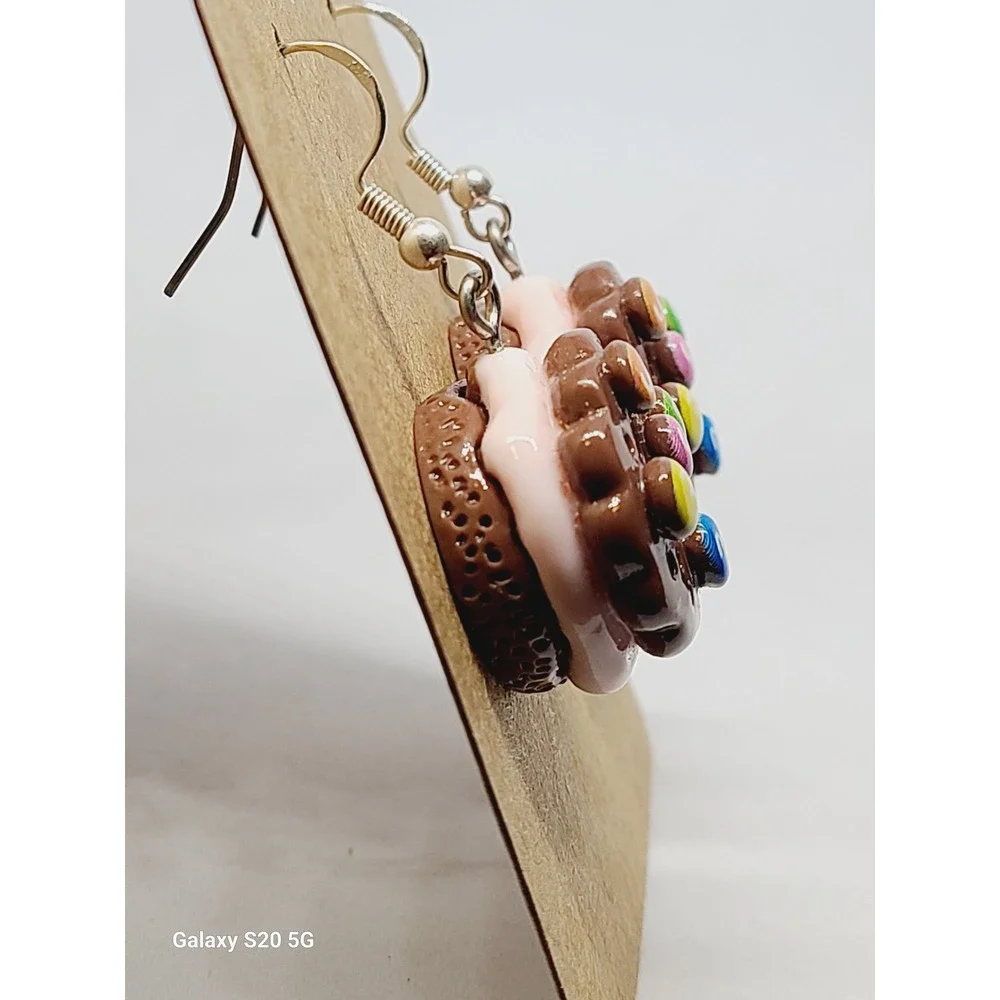 Handmade Chocolate Candy Cookie Sandwich Drop Earrings Pink Cream Resin Food